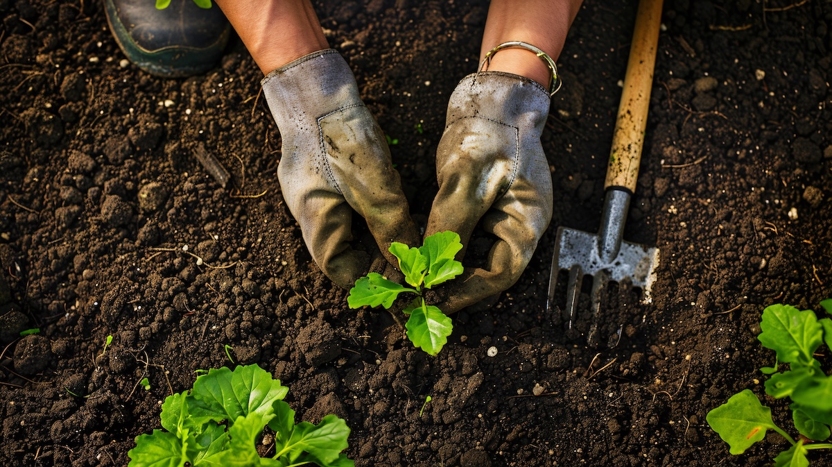 Top-down view of hands planting a seed in freshly turned earth, with gardening gloves and tools nearby, illustrating the concepts of beginnings, growth, and environmental stewardship