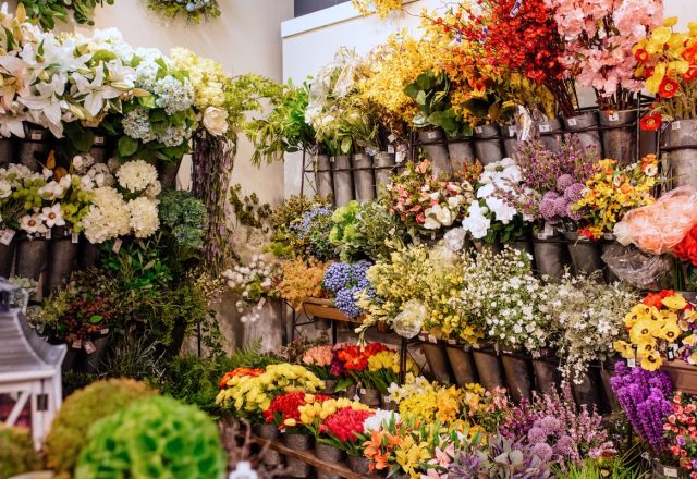 wall of faux florals in cylindrical tubs